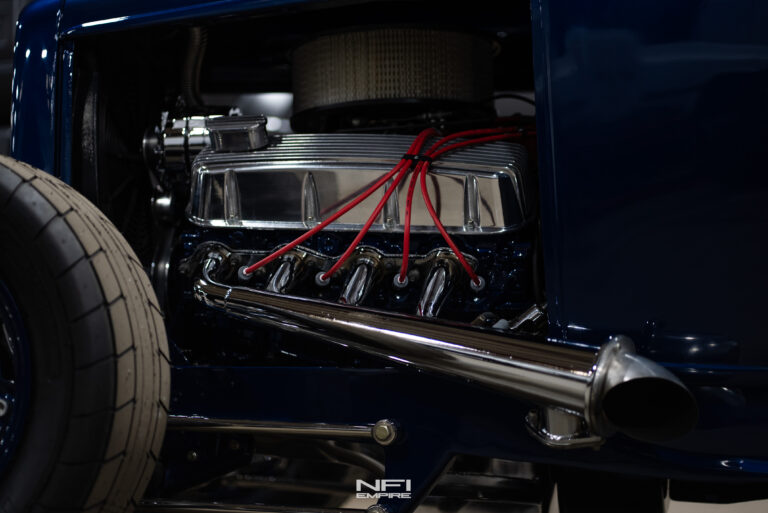 Side view of a V8 and exhaust in a 1932 Ford Roadster