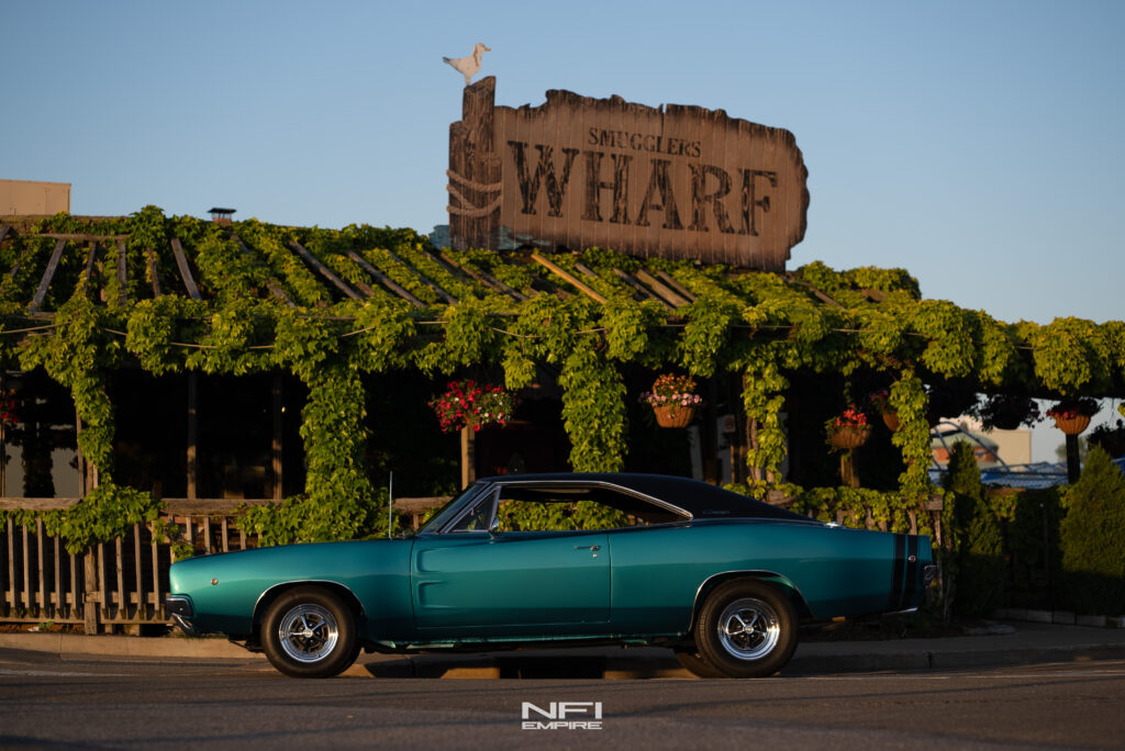 Blue 1968 Dodge Charger in front of vines